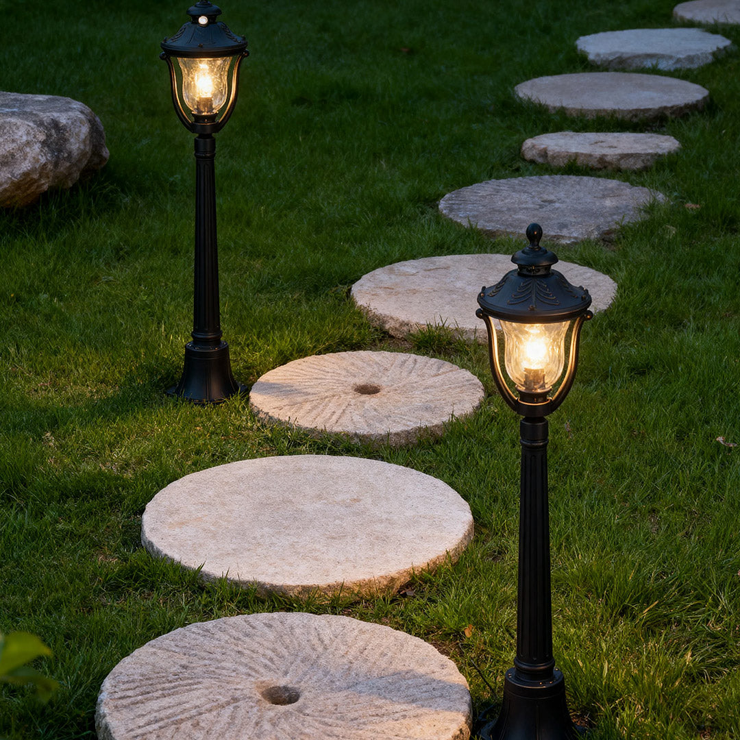 Classic Bollard Outdoor Post Light — Coffee Aluminum, Glass Shade, 12W E26, IP44, 45"H