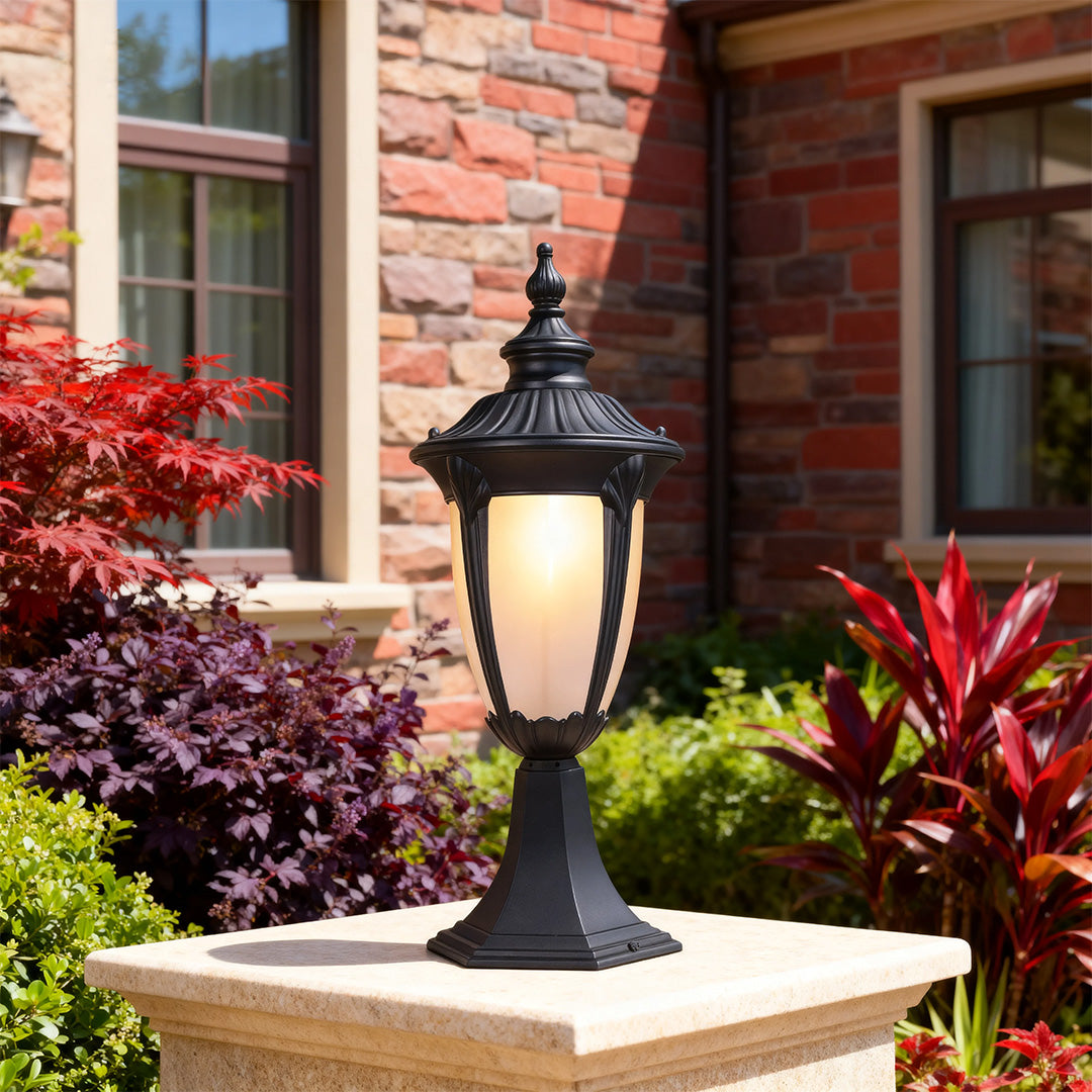 Minimalist Outdoor Pillar Light — Cast Aluminum, Sand-Black, 9W E26, IP44 Waterproof, 16.5" H