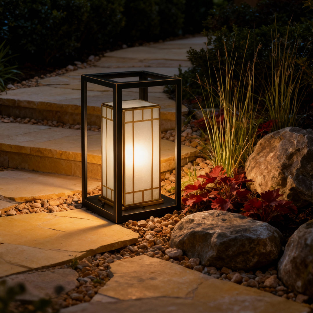 Minimalist Lantern Bollard Light — Copper with Glass Shade, E27, IP55, 15.75" H