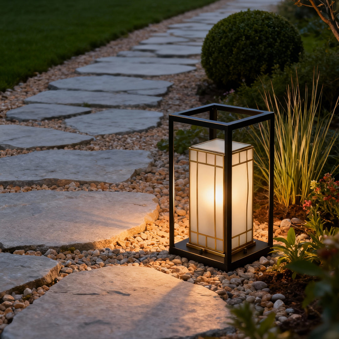 Minimalist Lantern Bollard Light — Copper with Glass Shade, E27, IP55, 15.75" H