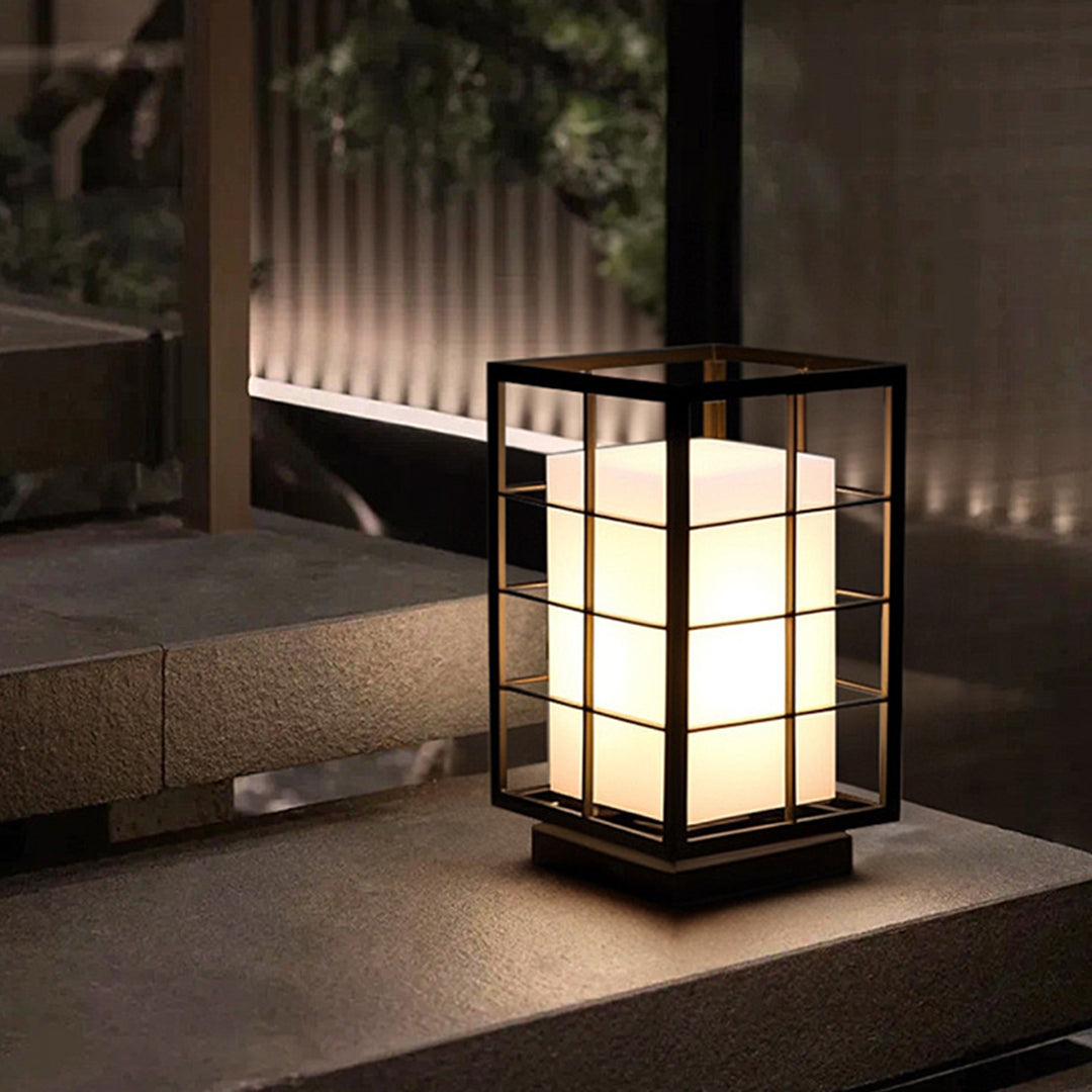 Square Japanese Outdoor Bollard Lantern — Stainless Steel & Acrylic, 10W LED, 3000K, IP65, 11.81" Hardwired