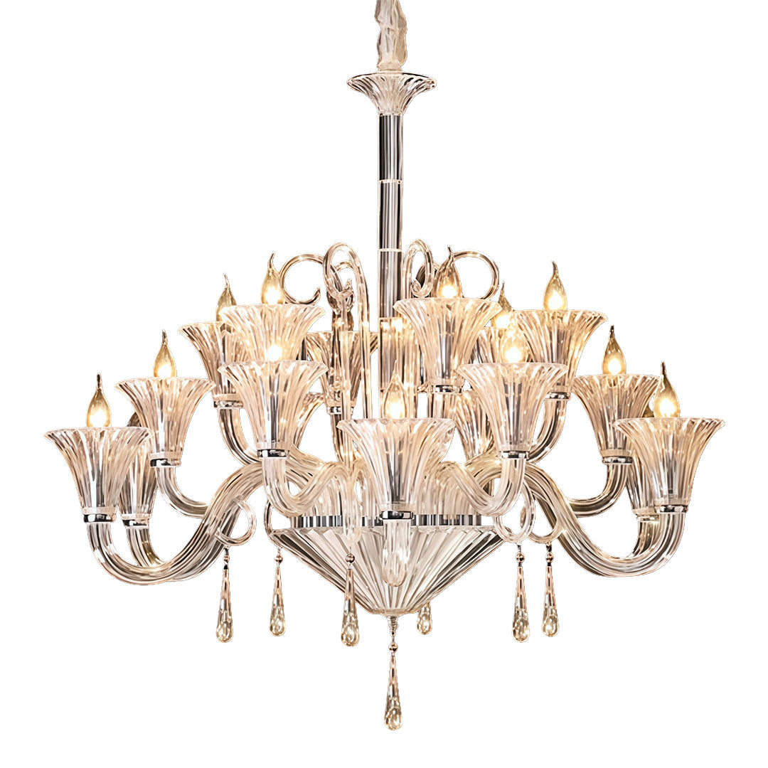 French Art Glass Chandelier — Clear Glass & Metal, 3-Step Dimming, E14, 12-Light or 18-Light