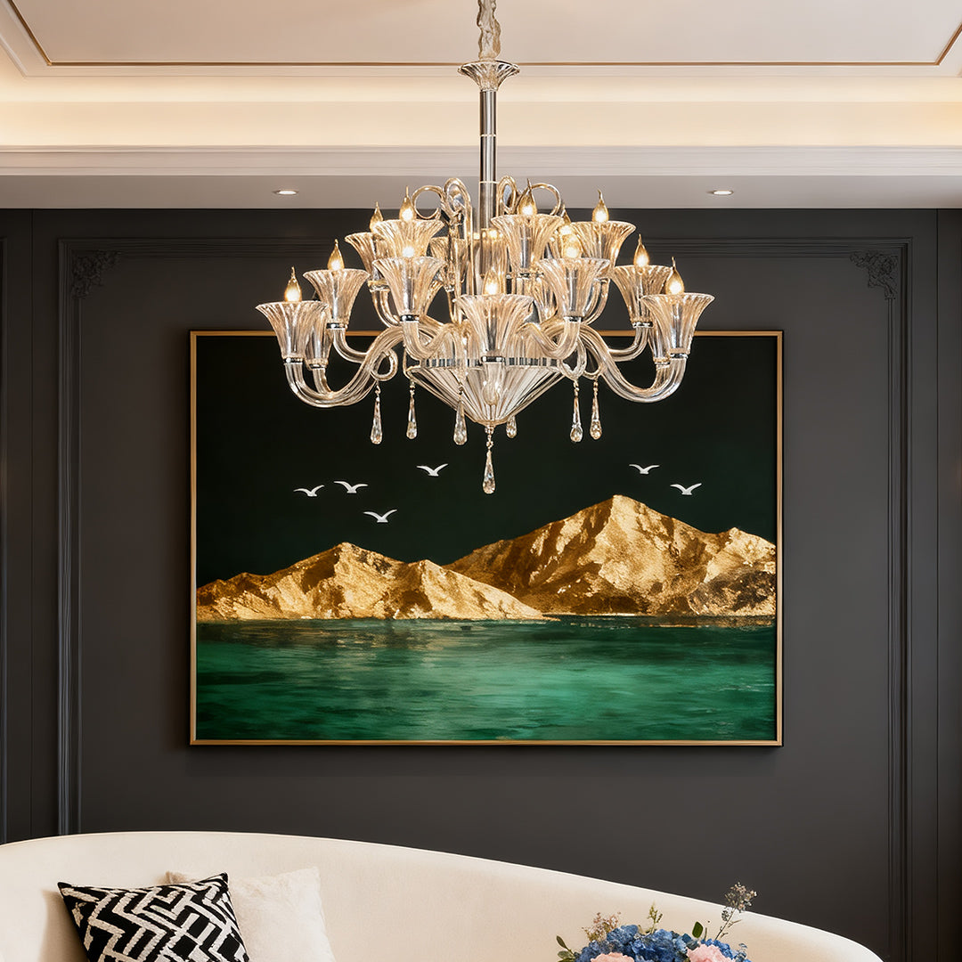 French Art Glass Chandelier — Clear Glass & Metal, 3-Step Dimming, E14, 12-Light or 18-Light