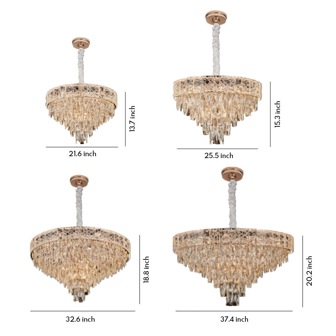 Luxury Crystal Chandelier — Champagne Gold Steel, Tri-Color Dimmable LED + E14, 4 Sizes (21.7"–37.4"), Adjustable Rope