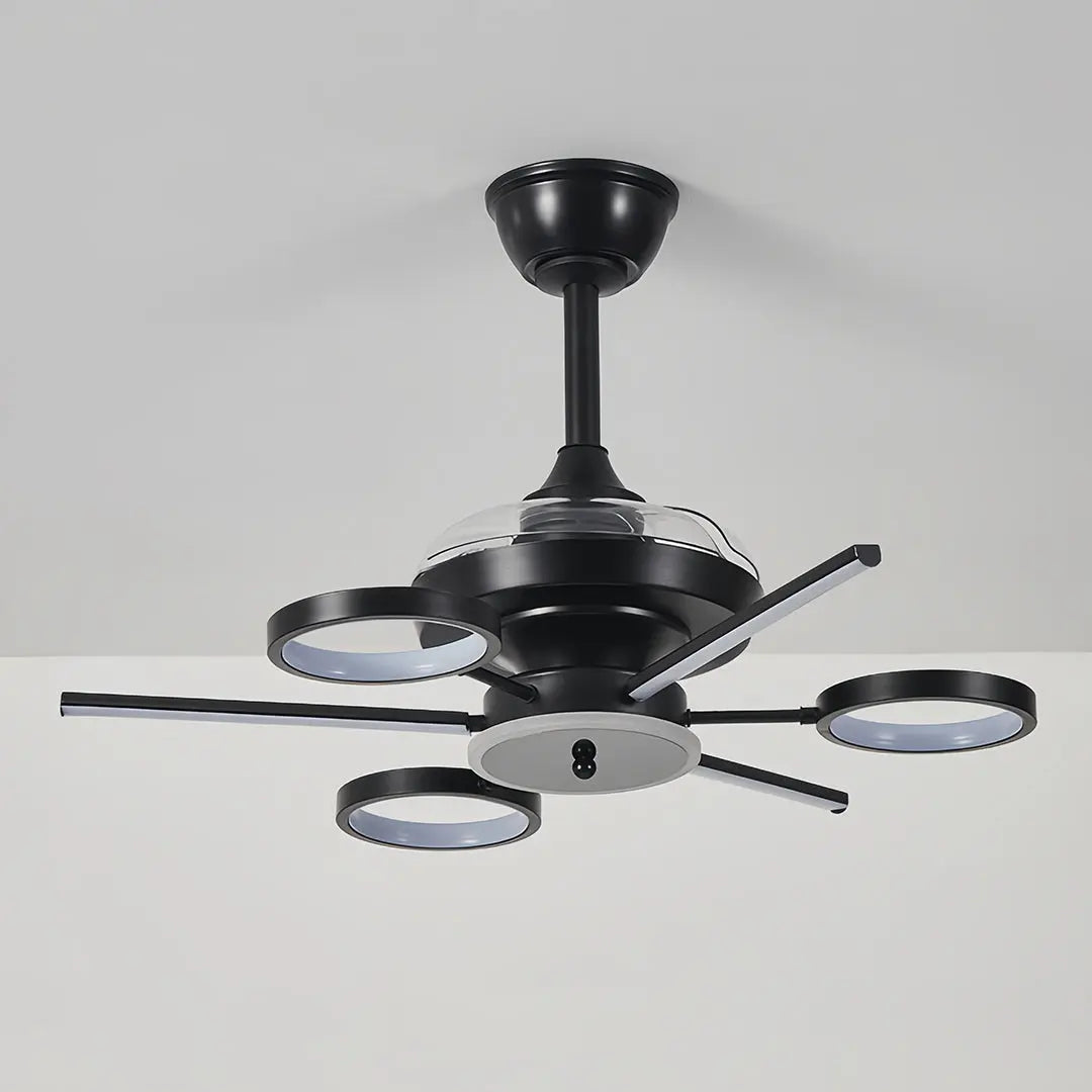 French Vintage Black Iron Ceiling Fan with Three Blades and Multiple Lights Luxe