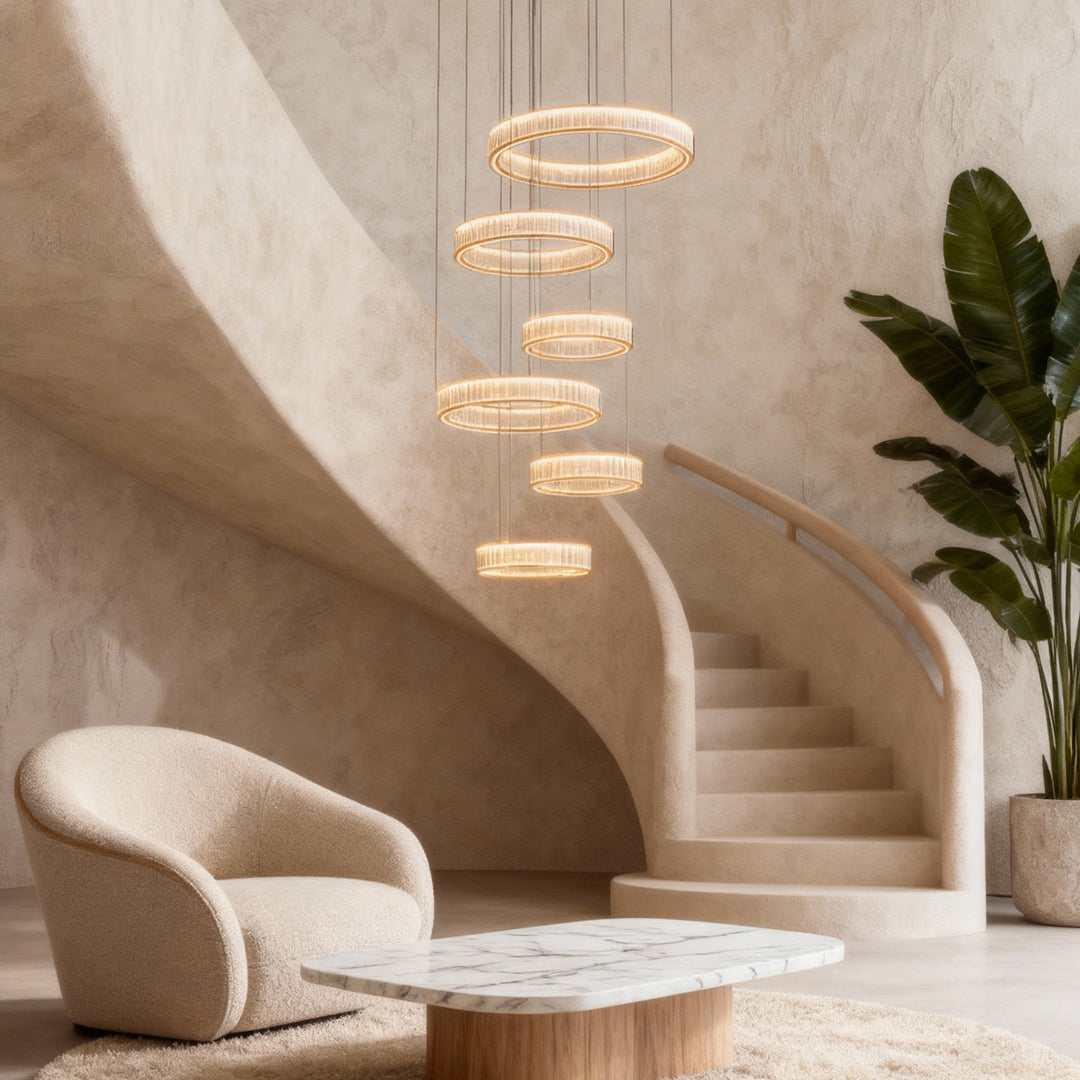 Circular Crystal Chandelier — Gold Aluminum, Multi-Layer, LED Three-Color Dimming (3000K/4500K/6000K), 59.1" Adjustable Chain