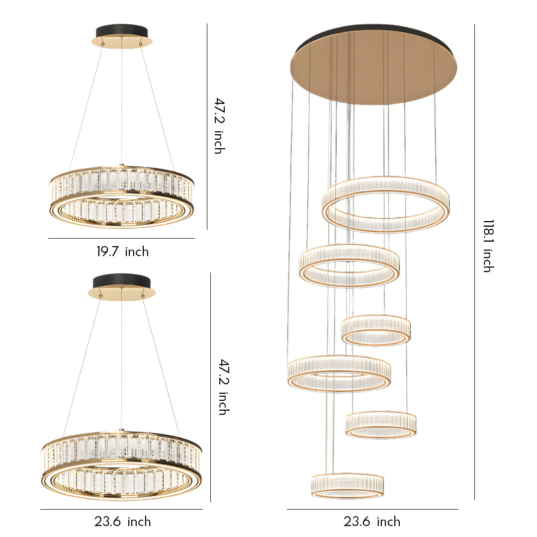 Circular Crystal Chandelier — Gold Aluminum, Multi-Layer, LED Three-Color Dimming (3000K/4500K/6000K), 59.1" Adjustable Chain