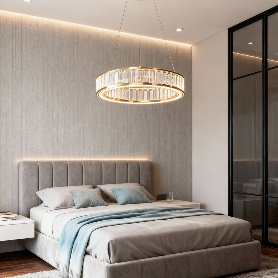 Circular Crystal Chandelier — Gold Aluminum, Multi-Layer, LED Three-Color Dimming (3000K/4500K/6000K), 59.1" Adjustable Chain