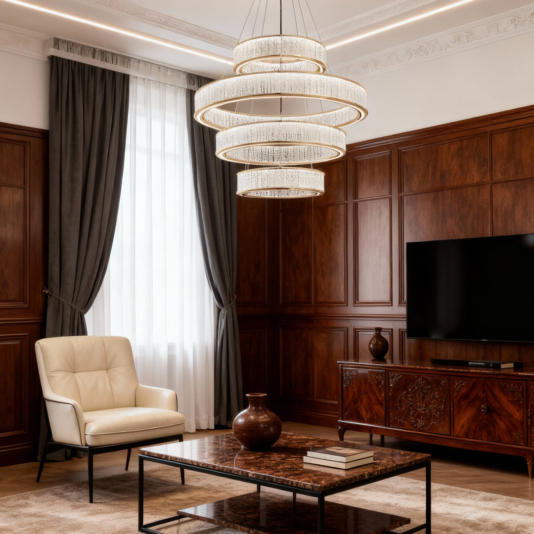 Circular Crystal Chandelier — Gold Aluminum, Multi-Layer, LED Three-Color Dimming (3000K/4500K/6000K), 59.1" Adjustable Chain