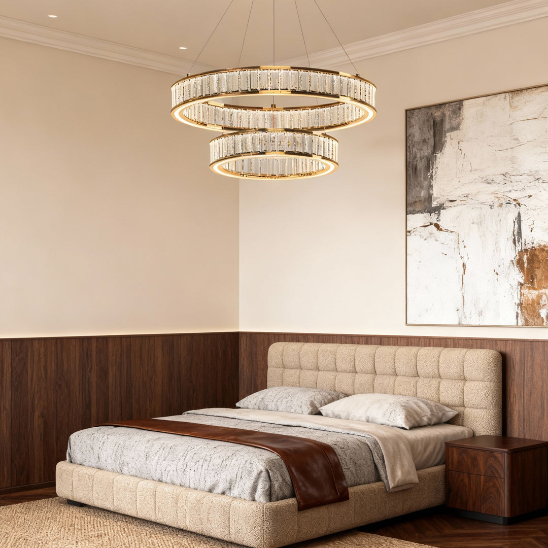 Circular Crystal Chandelier — Gold Aluminum, Multi-Layer, LED Three-Color Dimming (3000K/4500K/6000K), 59.1" Adjustable Chain