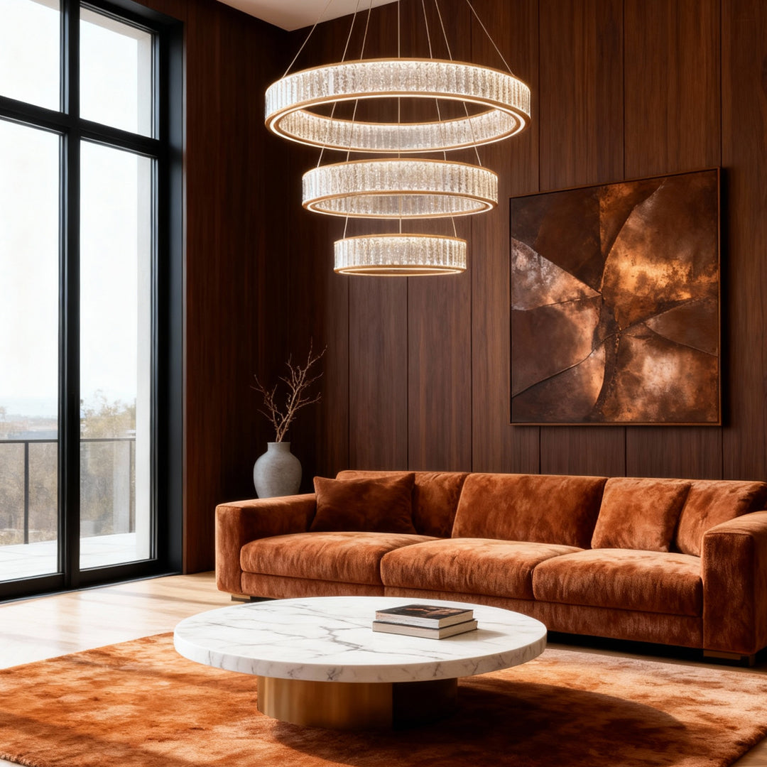 Circular Crystal Chandelier — Gold Aluminum, Multi-Layer, LED Three-Color Dimming (3000K/4500K/6000K), 59.1" Adjustable Chain