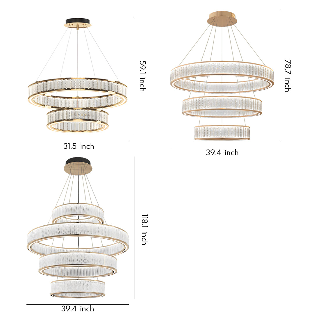 Circular Crystal Chandelier — Gold Aluminum, Multi-Layer, LED Three-Color Dimming (3000K/4500K/6000K), 59.1" Adjustable Chain