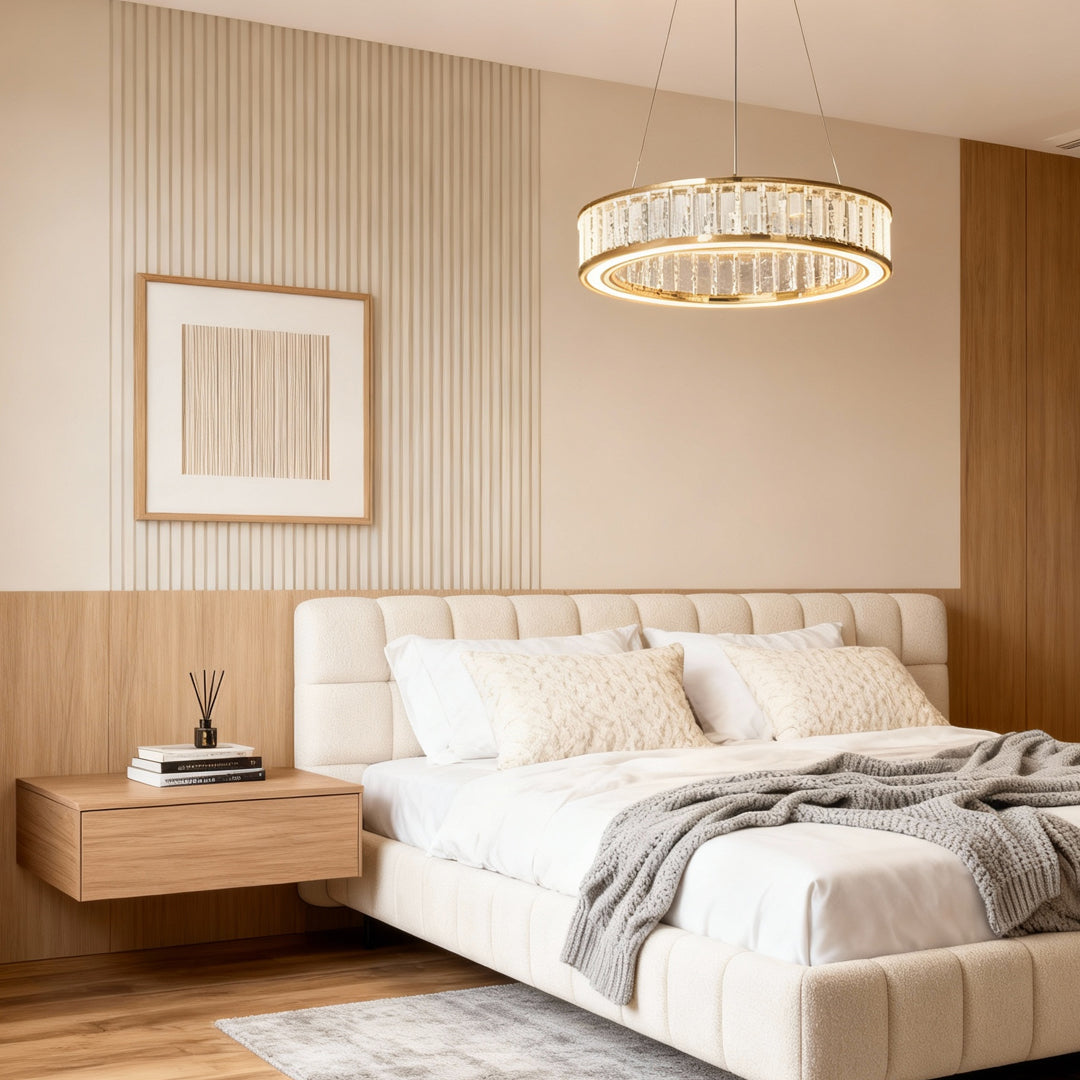 Circular Crystal Chandelier — Gold Aluminum, Multi-Layer, LED Three-Color Dimming (3000K/4500K/6000K), 59.1" Adjustable Chain