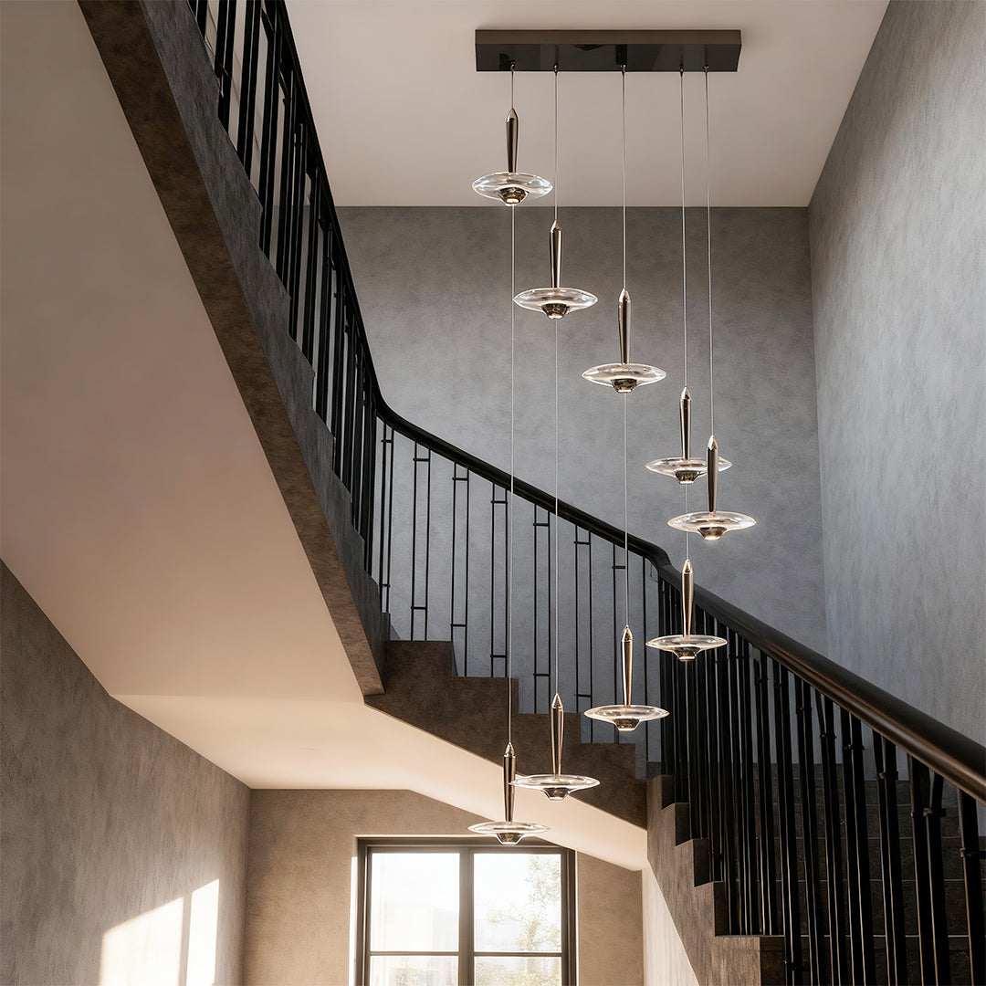 Crystal Pendant Light — Champagne Gold, LED, Three-Color Dimming (3000K/4500K/6000K), Single or 9-Head, 47.2" Adjustable Chain