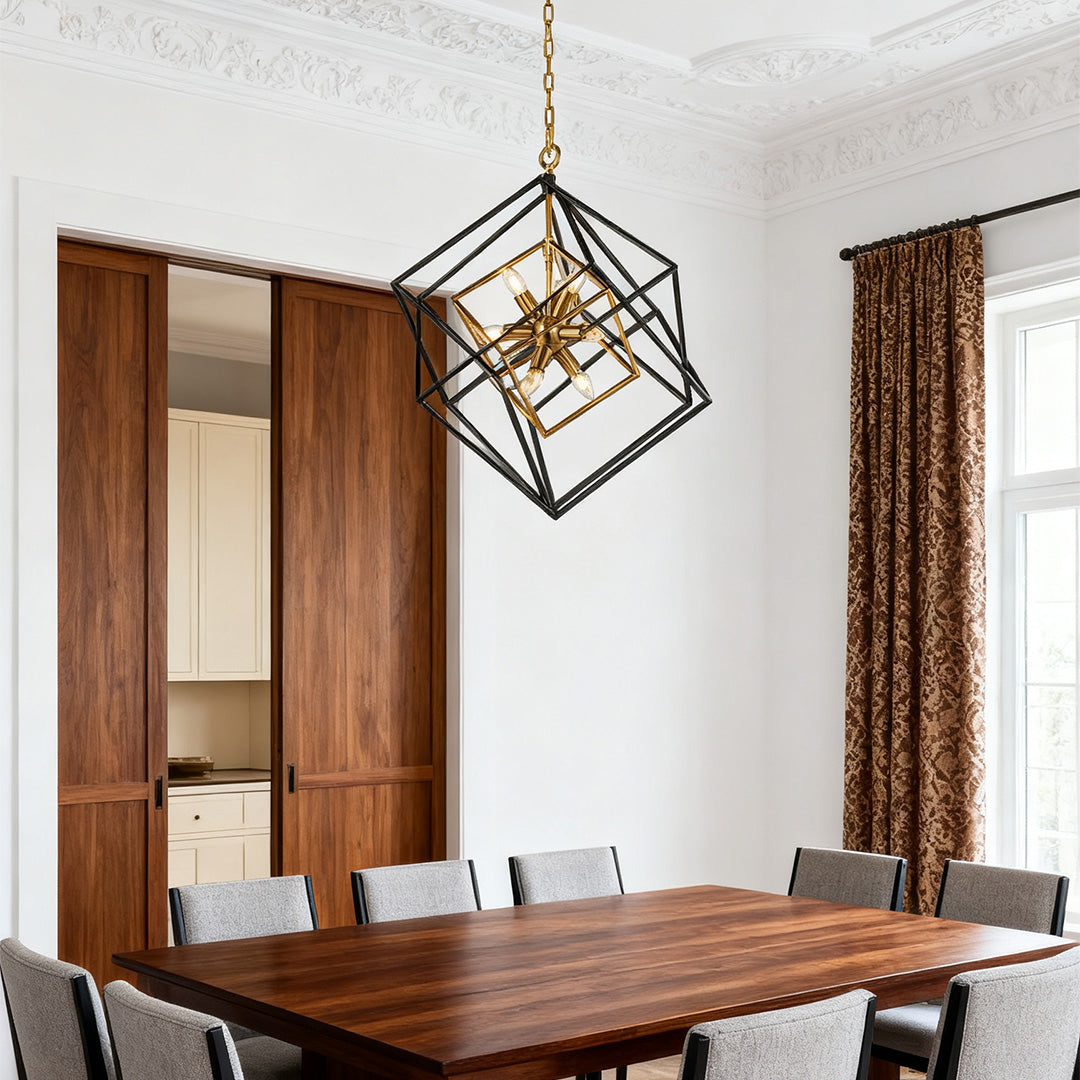 Industrial Square Pendant Light — Black and Gold Iron, Acrylic Shade, E12, Adjustable Chain, 26"