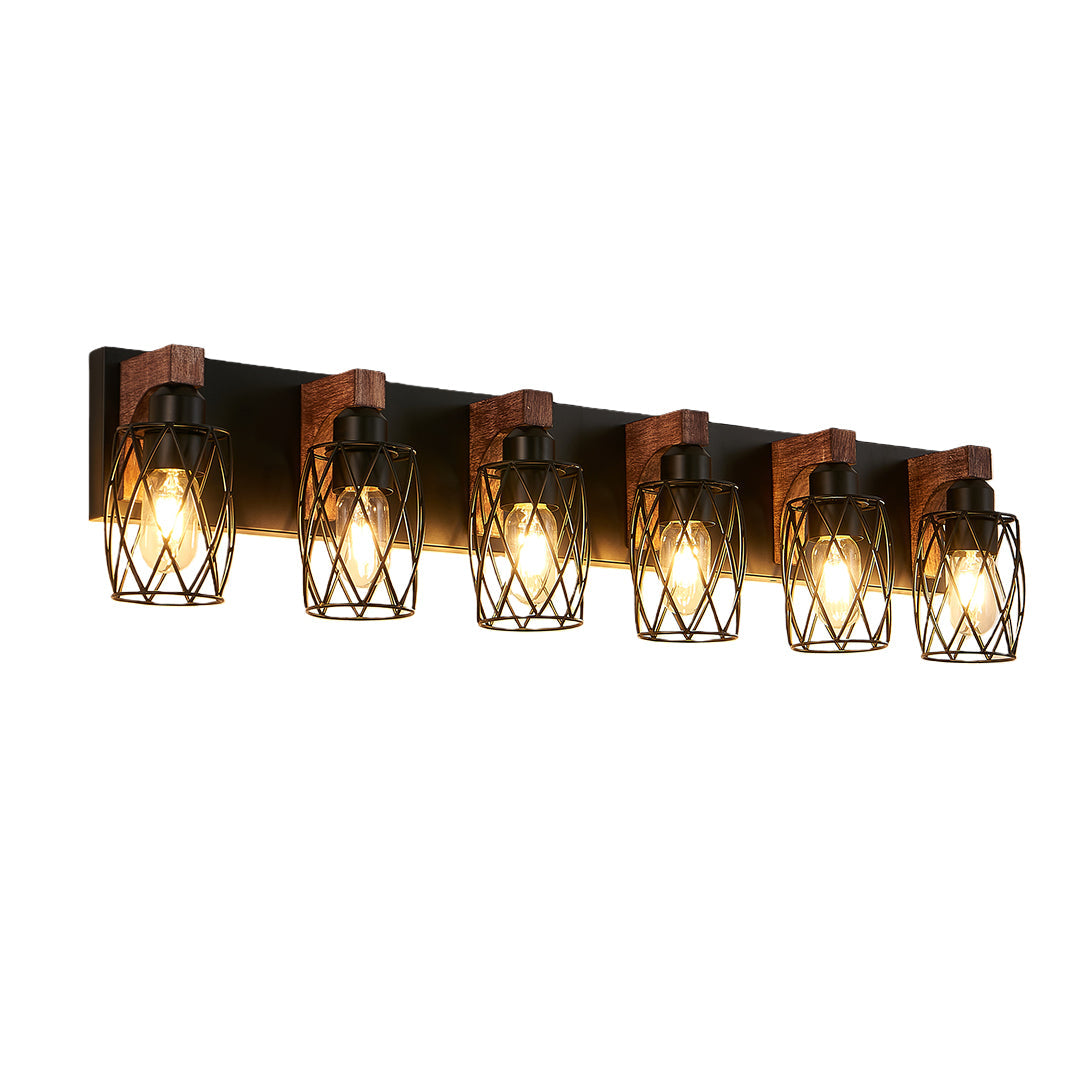 Metal Cage Bathroom Vanity Light — Black Finish, Walnut Wood, 3-to-7-Light, E26