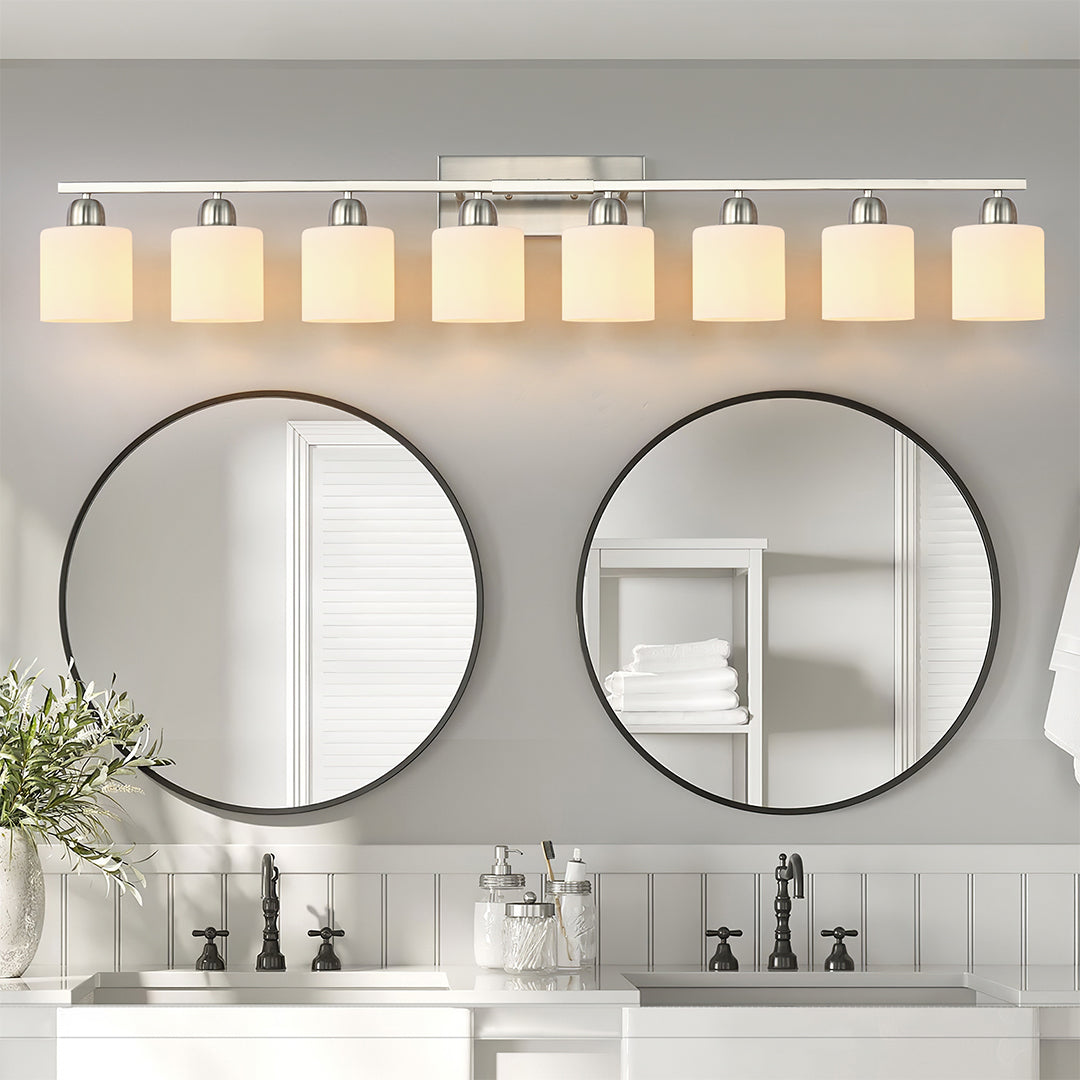 Minimalist Bathroom Vanity Light — Creamy White Glass, Metal Frame, E26, 4/5/6/8/10-Light, Matte Black / Sand Nickel / Copper