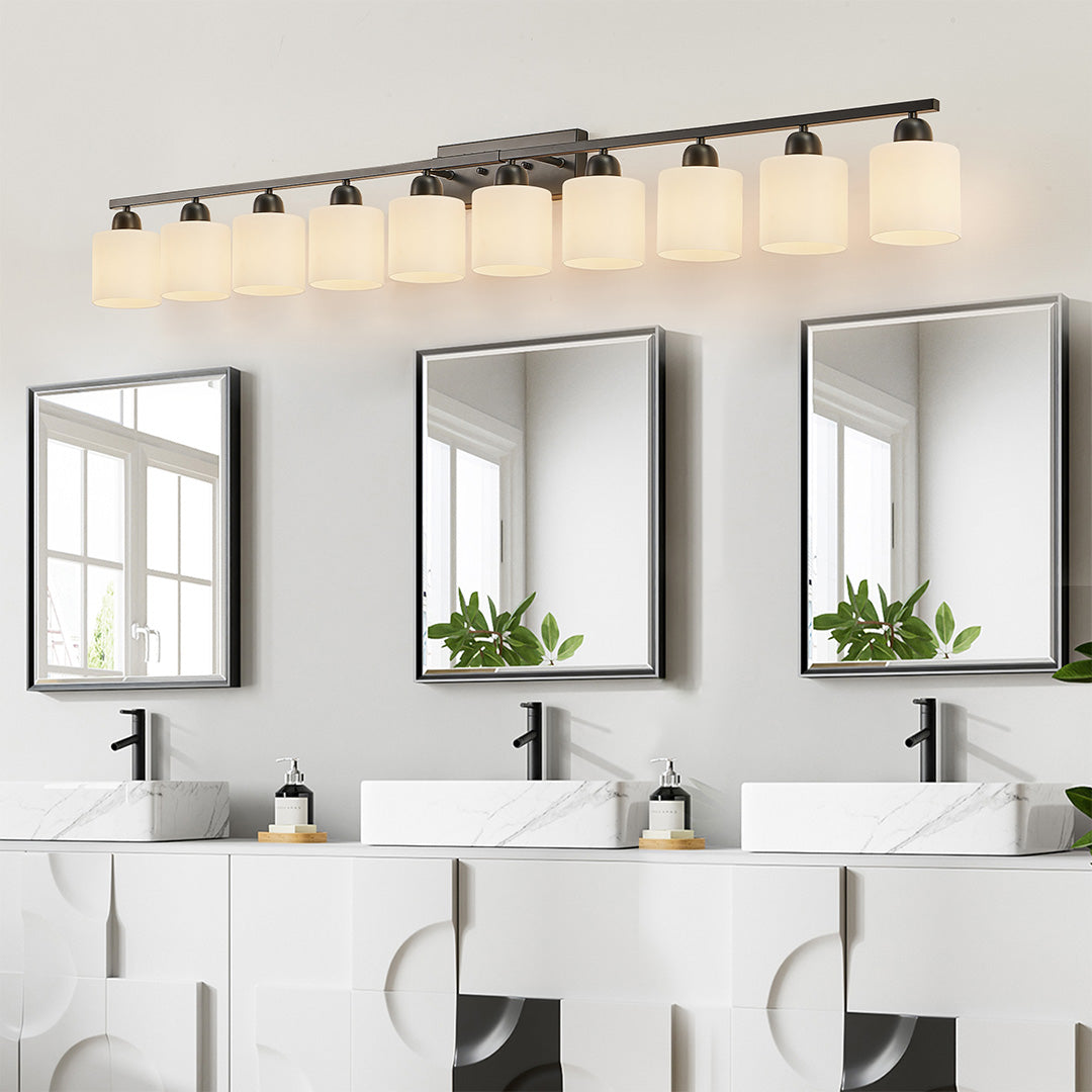Minimalist Bathroom Vanity Light — Creamy White Glass, Metal Frame, E26, 4/5/6/8/10-Light, Matte Black / Sand Nickel / Copper