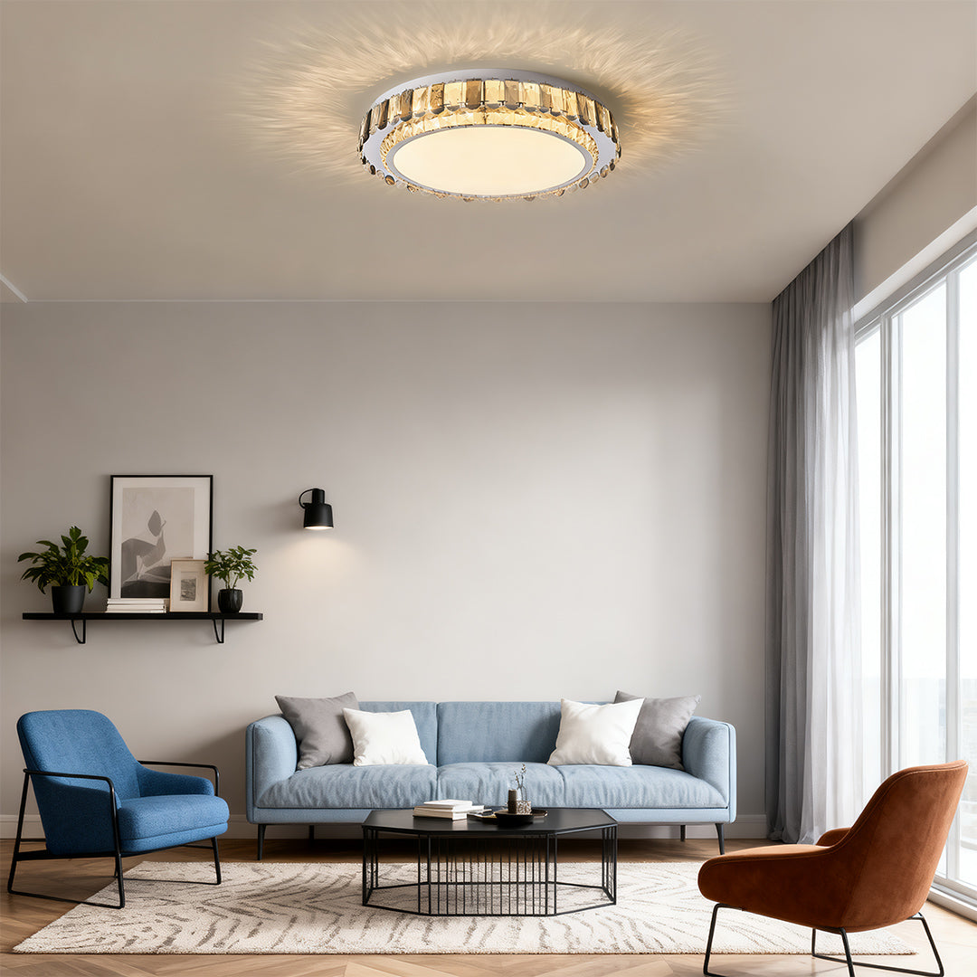 Multi-Layer Crystal Flush-Mount Chandelier — Chrome Stainless Steel, LED, Three-Color Dimming, 19.7"–39.4"
