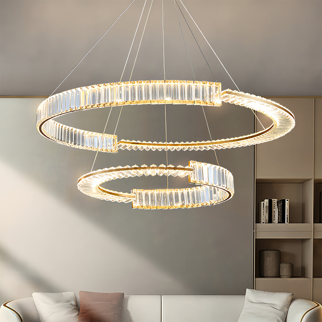Modern Gold Crystal Ring Chandelier — Iron, LED, 3-Step Dimming (3000K–6000K), 600mm / 800mm / Combination