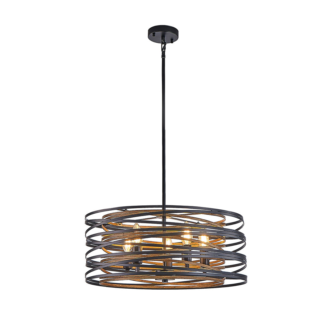 Round Drum Pendant Light — Black Iron, Walnut Wood Texture, Iron Cage, E12, 12.6" / 19.7" / 23.6"