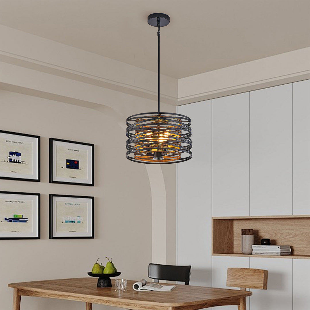 Round Drum Pendant Light — Black Iron, Walnut Wood Texture, Iron Cage, E12, 12.6" / 19.7" / 23.6"
