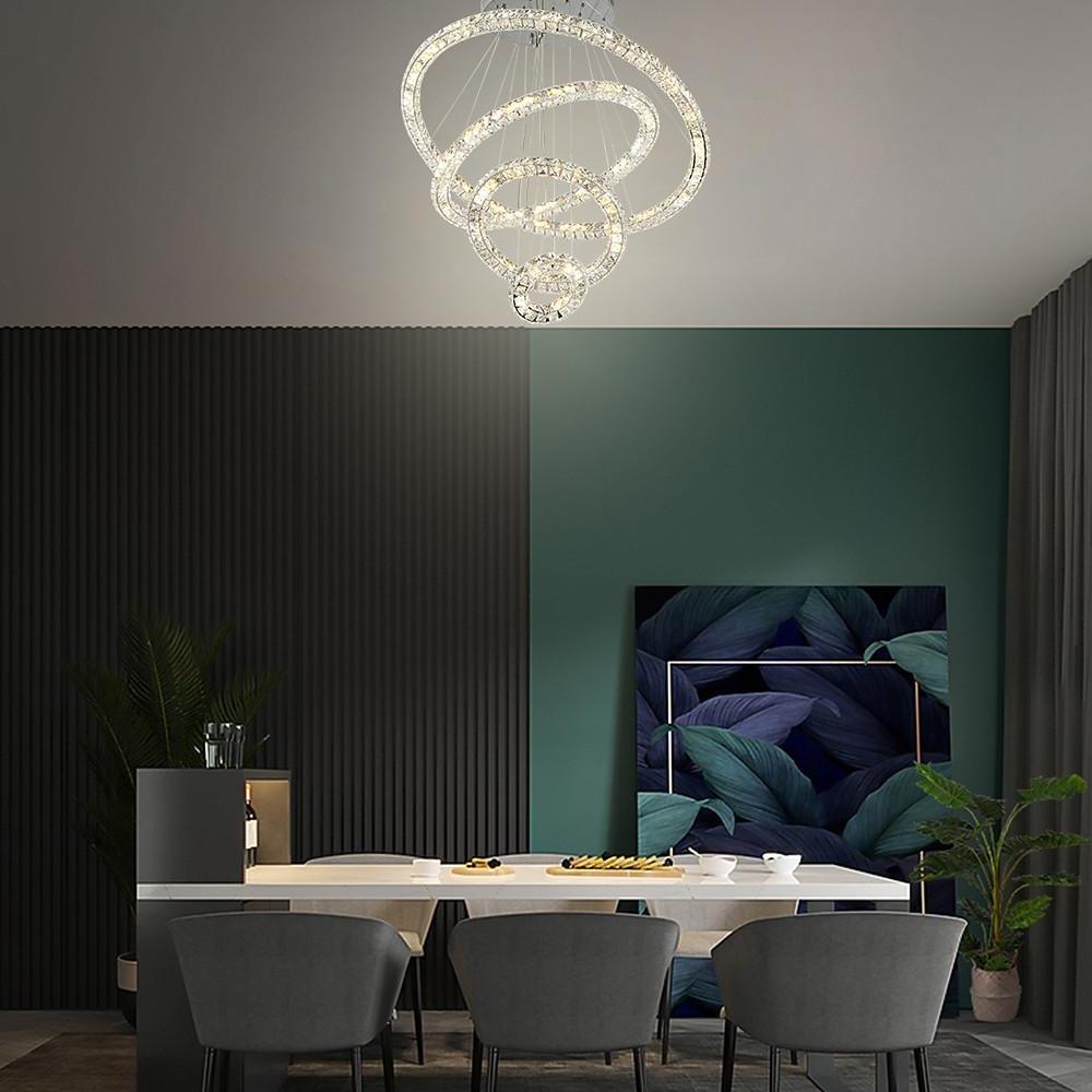 Tiered Crystal Ring Chandelier — Metal & Crystal, LED 3000K, 3-Ring or 4-Ring, 39" Adjustable Cord