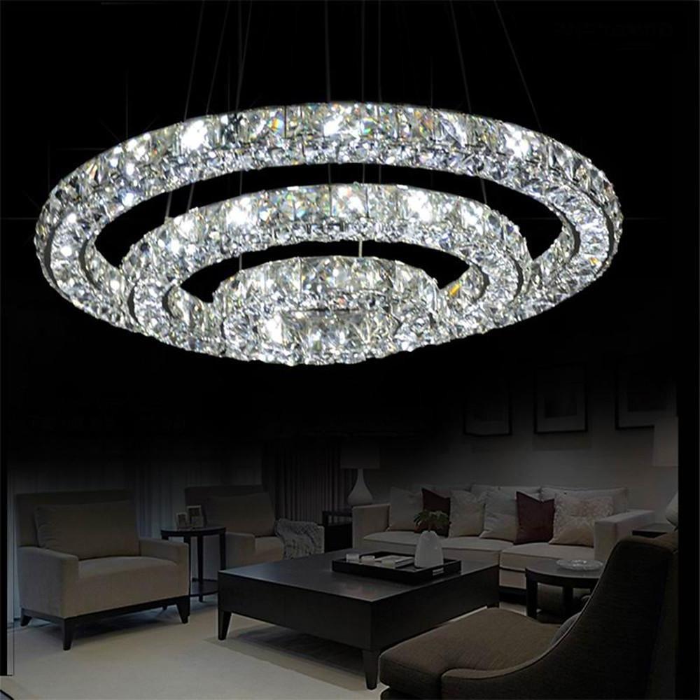 3-Tier Geometric Ring Crystal Chandelier — Chrome, LED, Dimmable, Remote Control, 11.8"+19.7"+27.6" Stacked Tiers