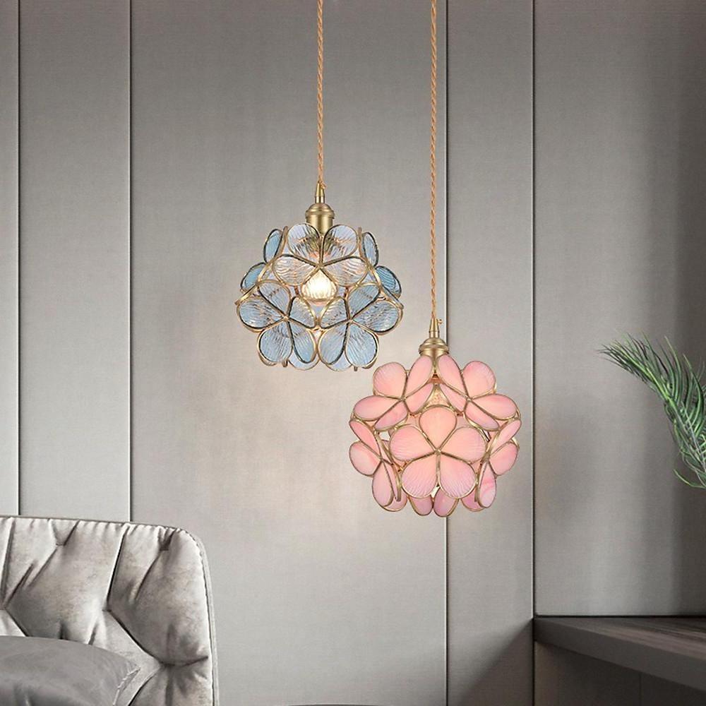 Ornate Flower Glass Mini Pendant — Copper & Brass, 1-Light E27, Adjustable Height