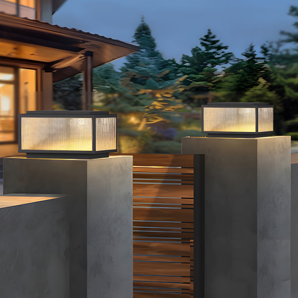 Square Modern Outdoor Pillar Light — Die-Cast Aluminum & Tempered Glass, Solar or Hardwired, LED 3000K, IP65 Weatherproof