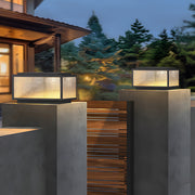 Square Modern Outdoor Pillar Light — Die-Cast Aluminum & Tempered Glass, Solar or Hardwired, LED 3000K, IP65 Weatherproof