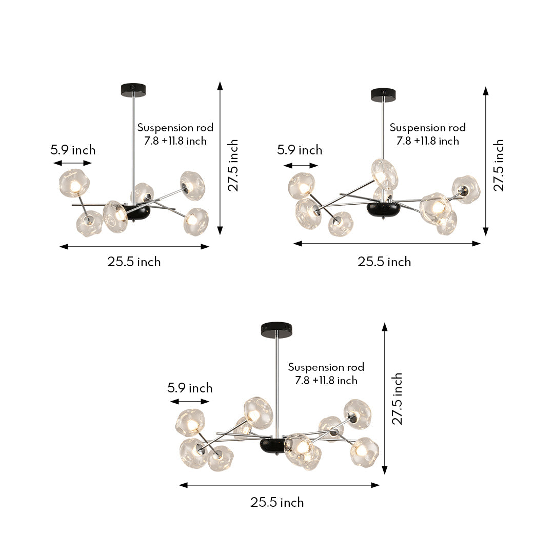 Magic Bean LED Chandelier — Iron with Pleated Glass Shades, Tri-Color Dimmable, RA≥97, 6-, 8-, or 10-Light