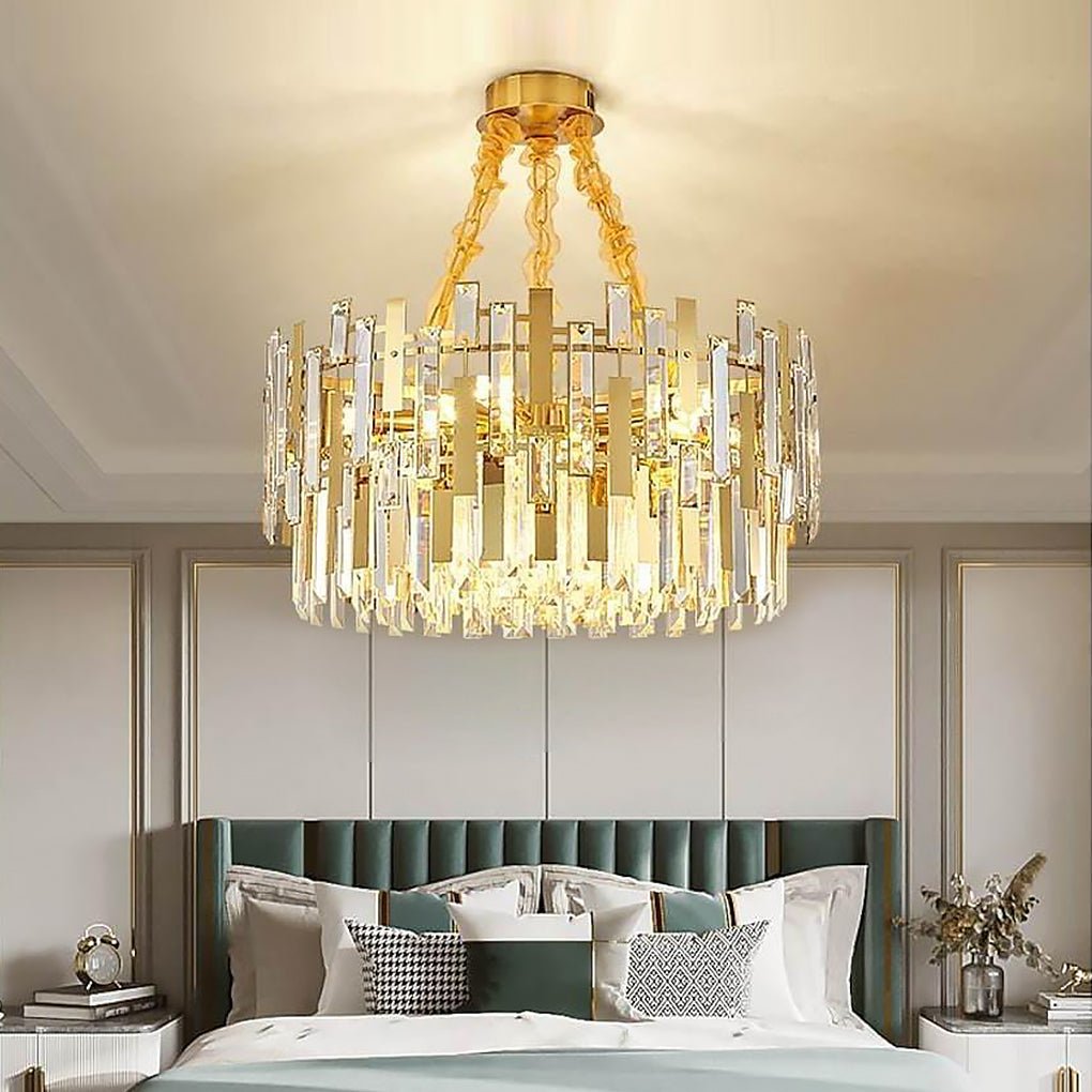 Modern Crystal Chandelier — Gold Metal Frame, Adjustable Height, 9, 12, or 17-Light, 110–120V