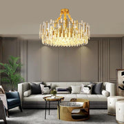 Modern Crystal Chandelier — Gold Metal Frame, Adjustable Height, 9, 12, or 17-Light, 110–120V