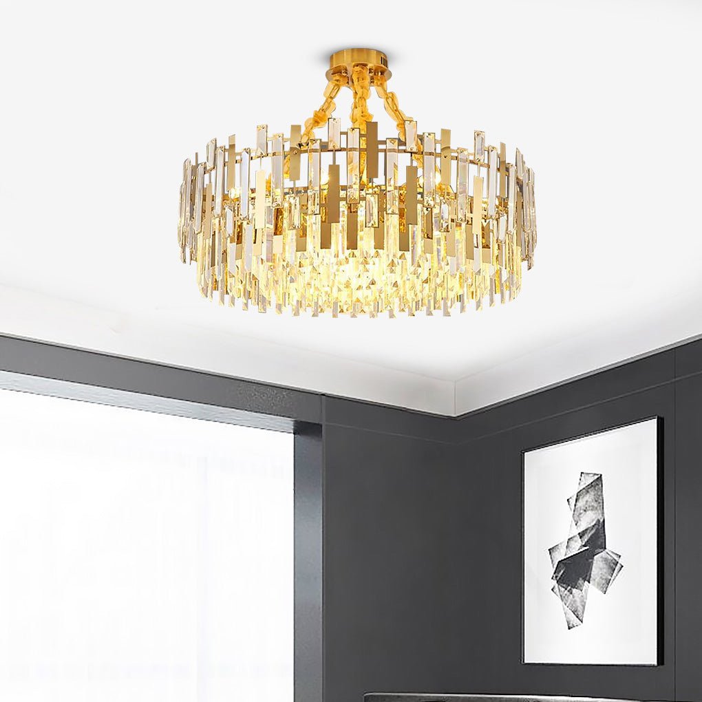 Modern Crystal Chandelier — Gold Metal Frame, Adjustable Height, 9, 12, or 17-Light, 110–120V