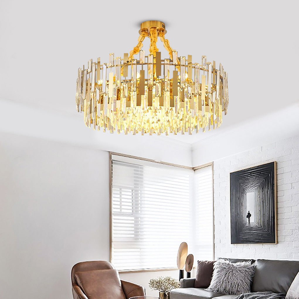 Modern Crystal Chandelier — Gold Metal Frame, Adjustable Height, 9, 12, or 17-Light, 110–120V