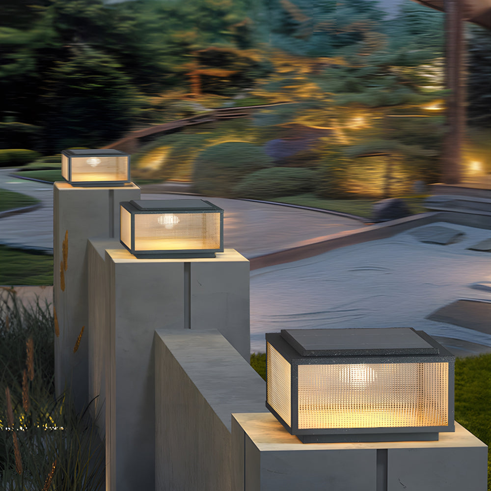 Square Modern Outdoor Pillar Light — Die-Cast Aluminum & Tempered Glass, Solar or Hardwired, LED 3000K, IP65 Weatherproof