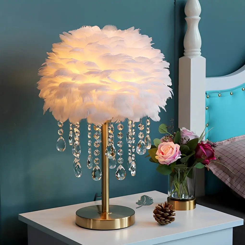 Ambient Crystal Tassel LED Feather Table Lamp Luxe