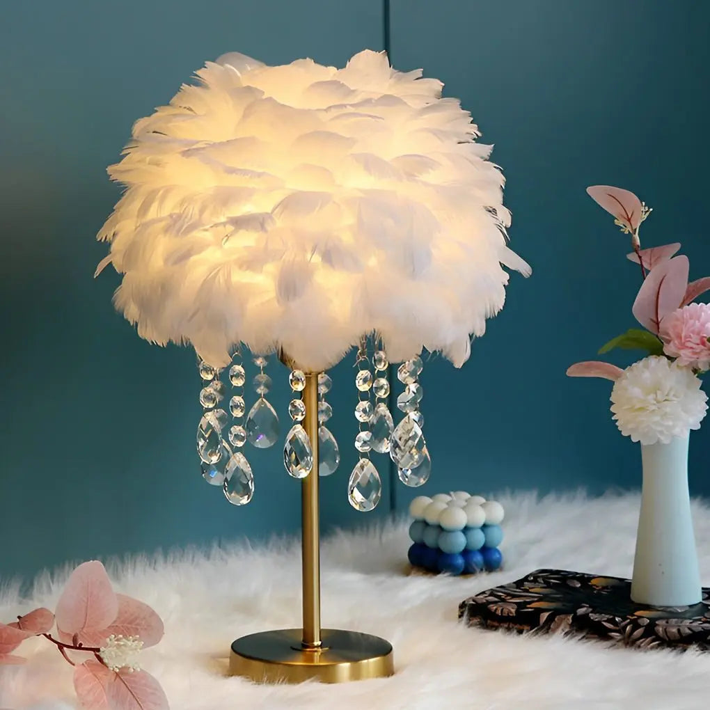 Ambient Crystal Tassel LED Feather Table Lamp Luxe