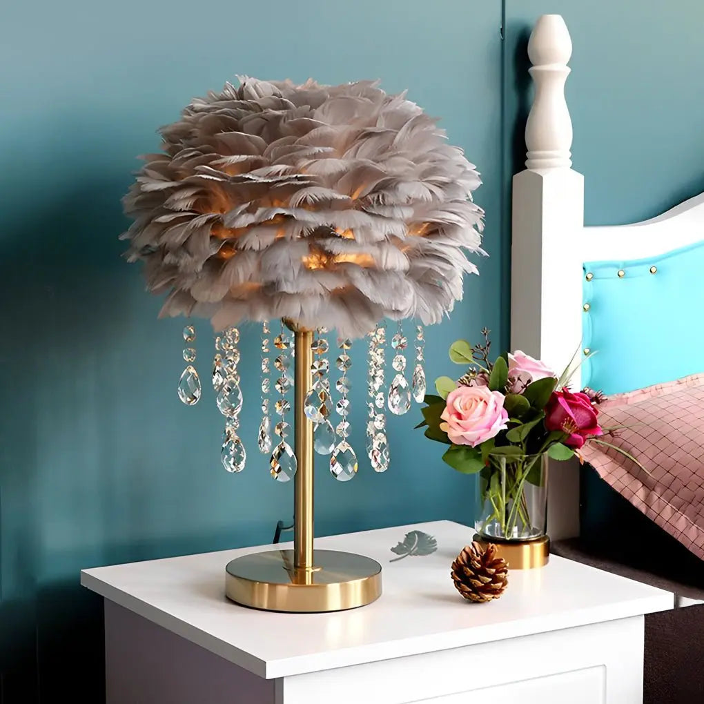 Ambient Crystal Tassel LED Feather Table Lamp Luxe