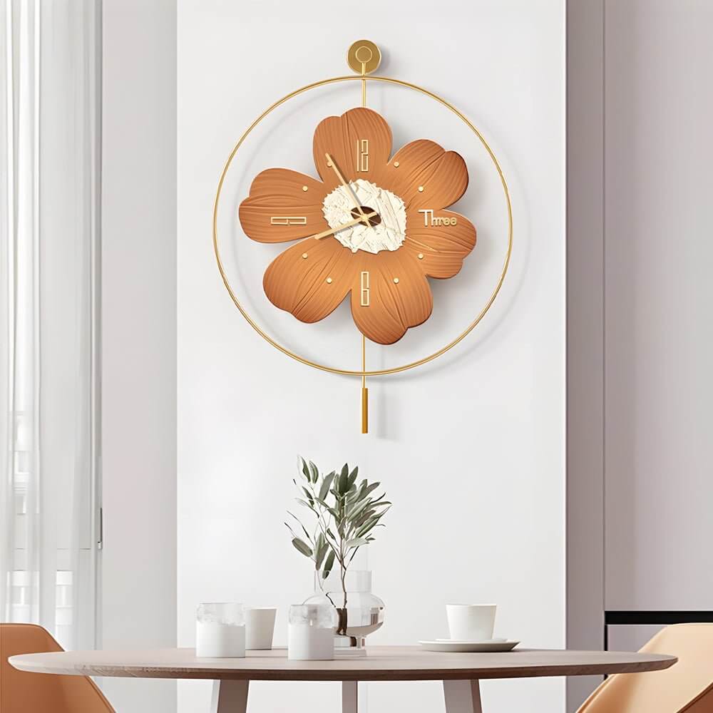 led flower wall clock with round metal design and battery operation