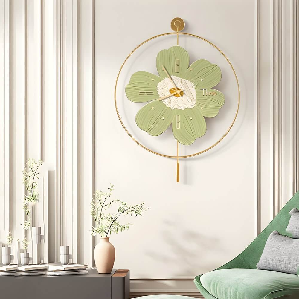 led flower wall clock with round metal design and battery operation
