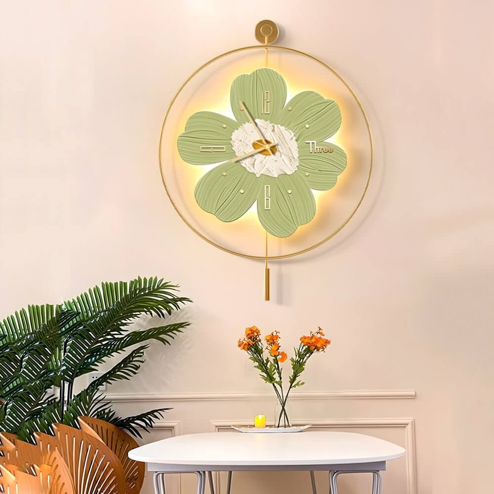 led flower wall clock with round metal design and battery operation