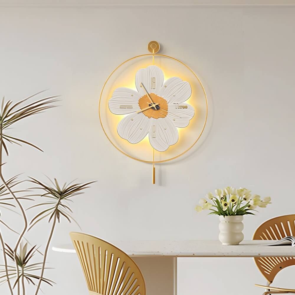 led flower wall clock with round metal design and battery operation