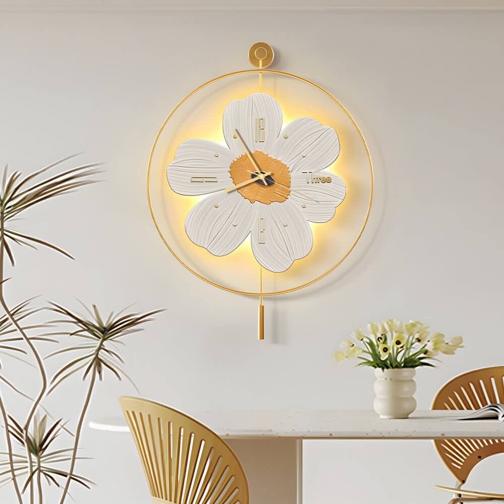 led flower wall clock with round metal design and battery operation