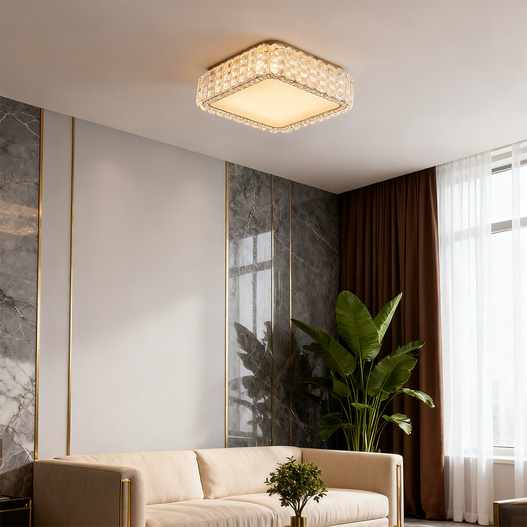 Crystal Flush-Mount Ceiling Light — Chrome Stainless Steel, LED, 3-Step Dimming (3000K/4500K/6000K), Round / Square / Rectangle