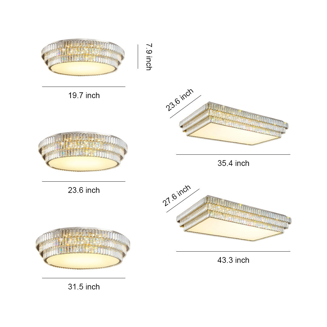Crystal LED Flush-Mount Light — Chrome Steel, Full-Spectrum Eye-Protection, 3-Color Dimming, Round or Rectangular