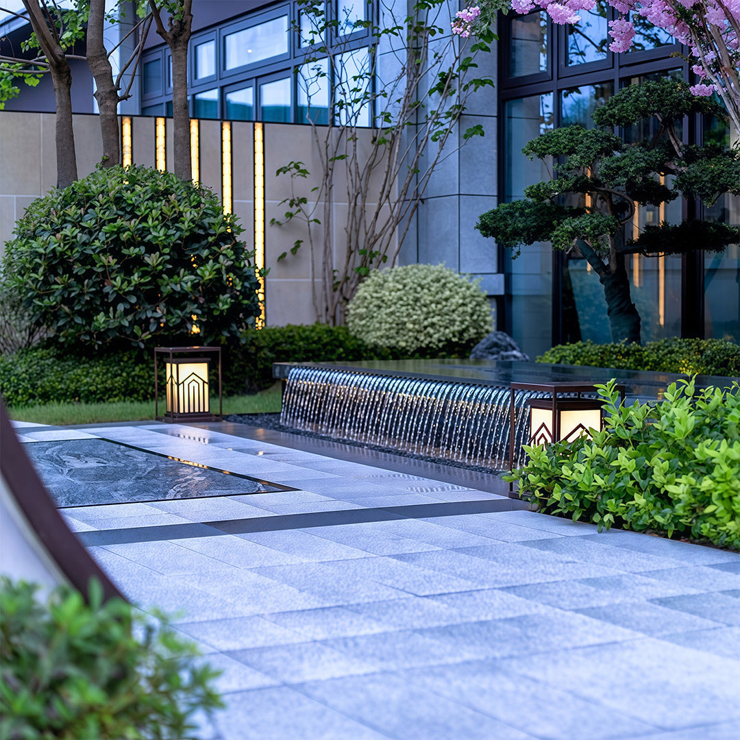 Marble-Effect Outdoor Lantern Path Light — Black Stainless Steel, Solar / Hardwired, IP65, 4 Sizes