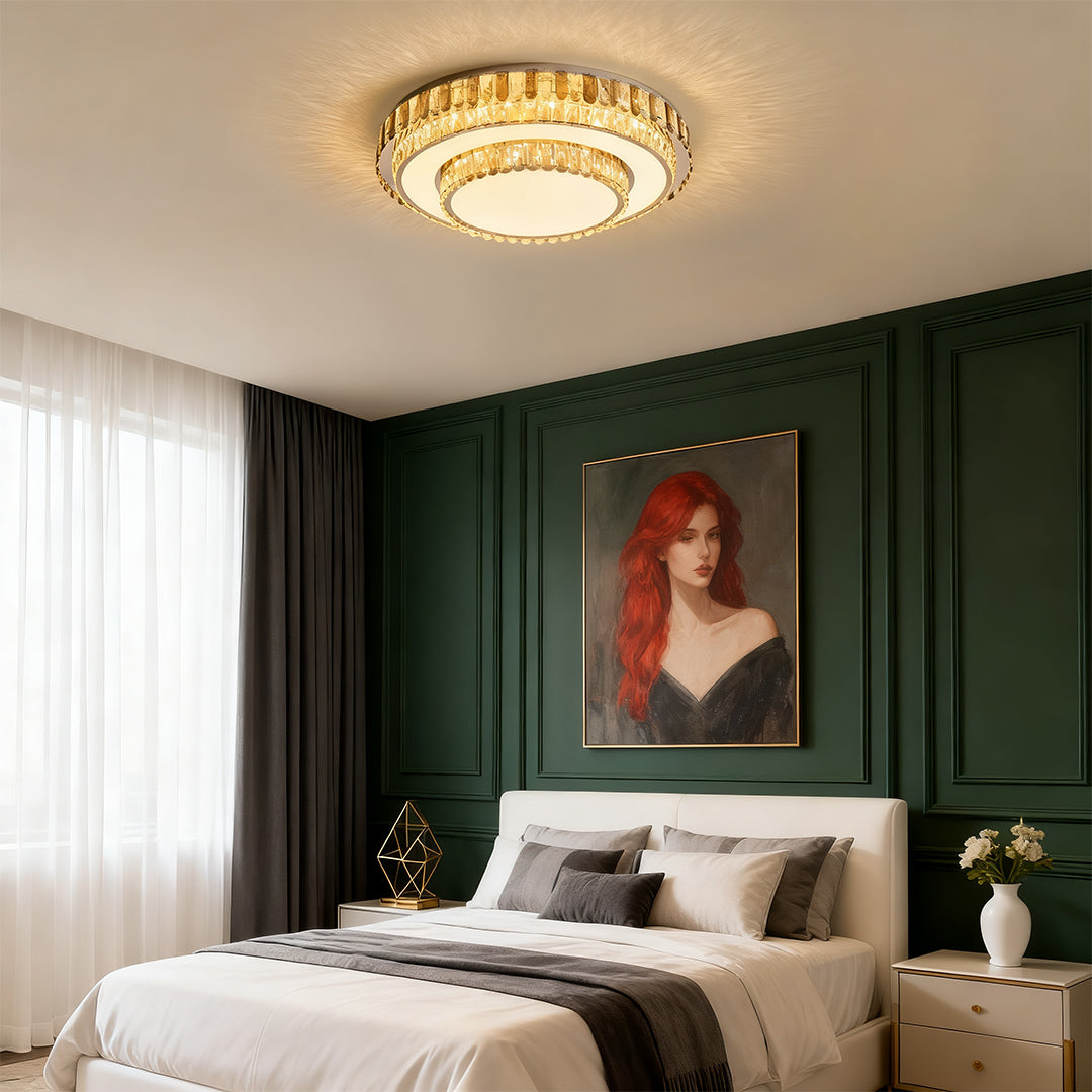 Multi-Layer Crystal Flush-Mount Chandelier — Chrome Stainless Steel, LED, Three-Color Dimming, 19.7"–39.4"