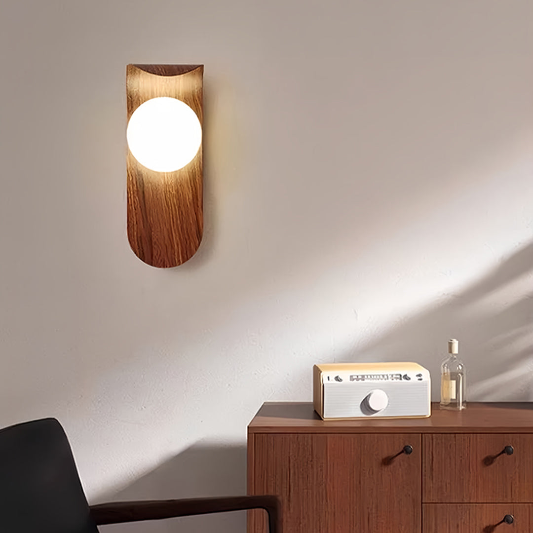 Mid-Century Minimalist Wood Grain Wall Sconce — Iron, Spherical Shade, G9, 5W, Three-Color Dimming